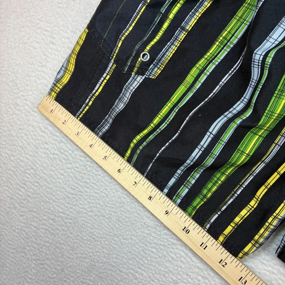 O'Neill Board Shorts Men 32x10 Black Green Striped Surf Swim Trunks Drawstring